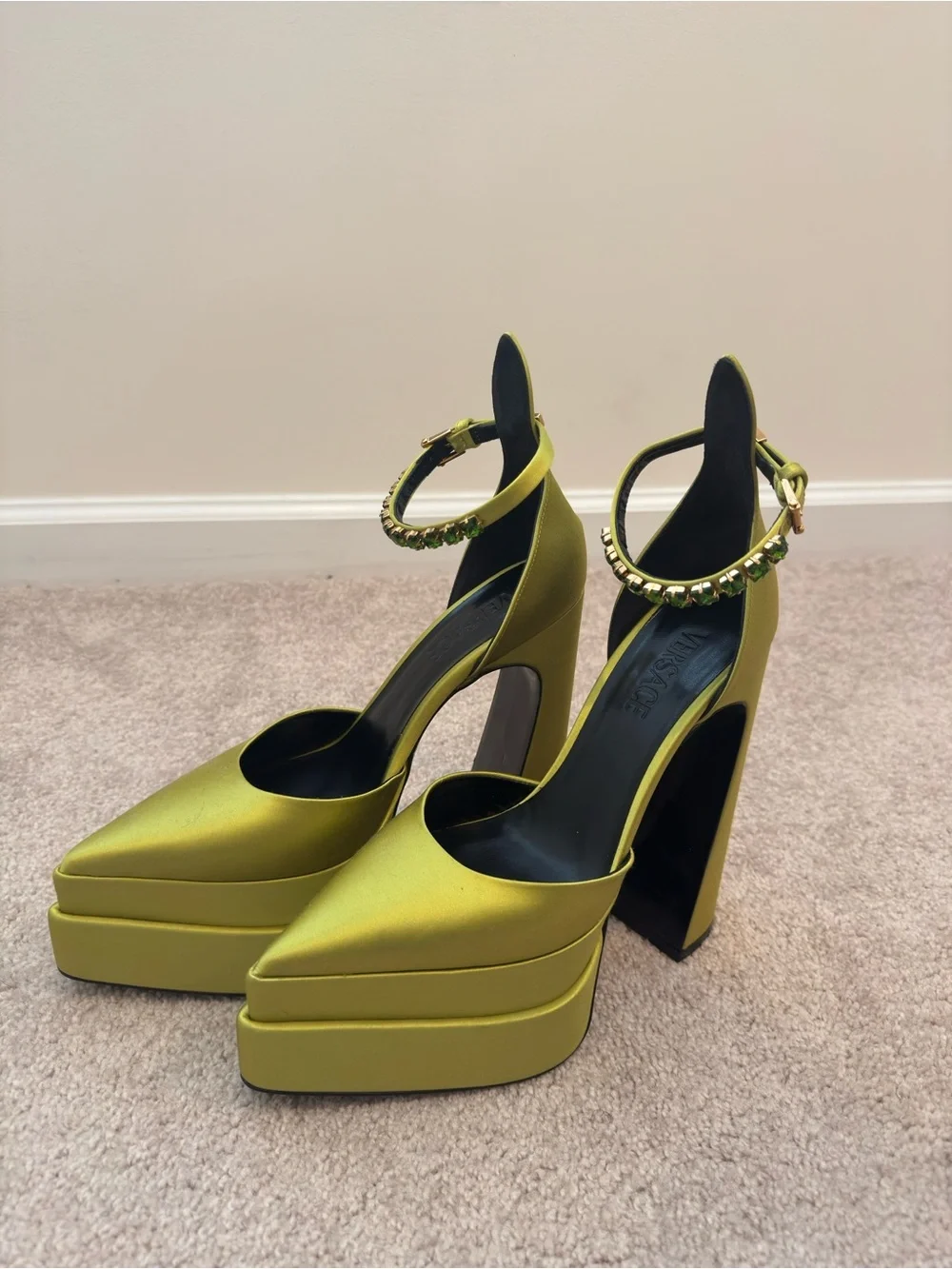 Versace Olive Green Platform Ankle-Strap Pumps with Embellished Buckle